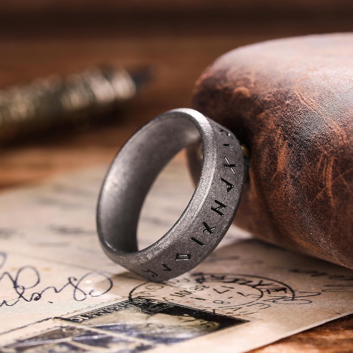 imageKing Will Viking Stainless Steel Wedding Band 8mm Men Ring with Tree of Life Rune Design and Abalone Shell Inlay in GreyGoldBlack Vintage FinishComfort Fit Size 714GrayRunesB