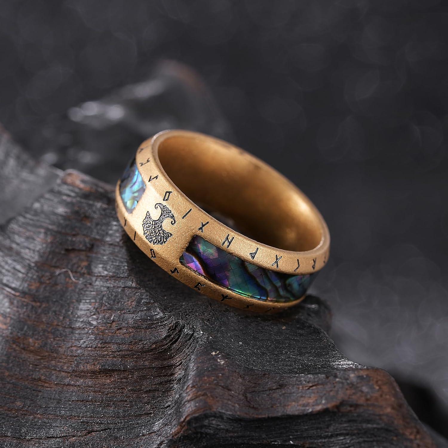 imageKing Will Viking Stainless Steel Wedding Band 8mm Men Ring with Tree of Life Rune Design and Abalone Shell Inlay in GreyGoldBlack Vintage FinishComfort Fit Size 714Gold