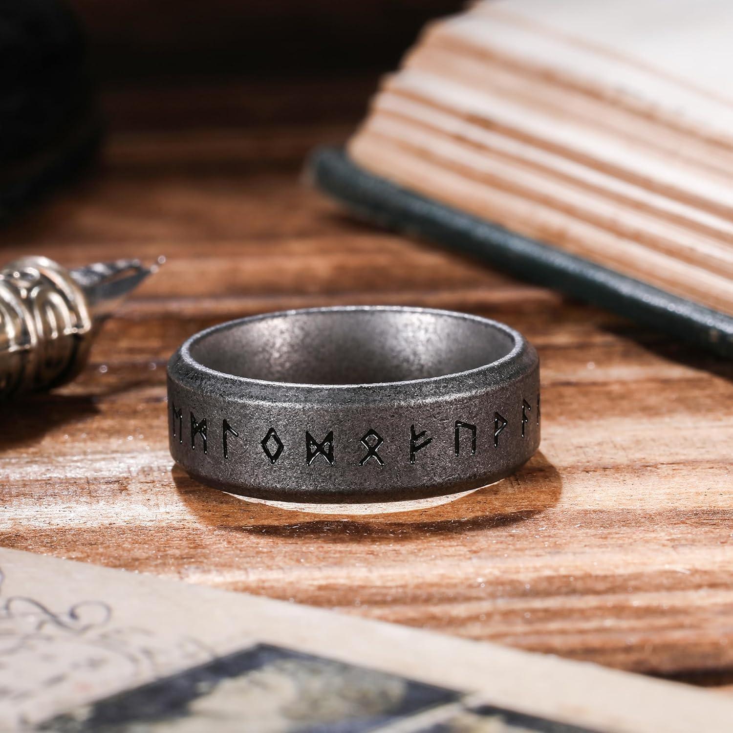 imageKing Will Viking Stainless Steel Wedding Band 8mm Men Ring with Tree of Life Rune Design and Abalone Shell Inlay in GreyGoldBlack Vintage FinishComfort Fit Size 714GrayRunesB