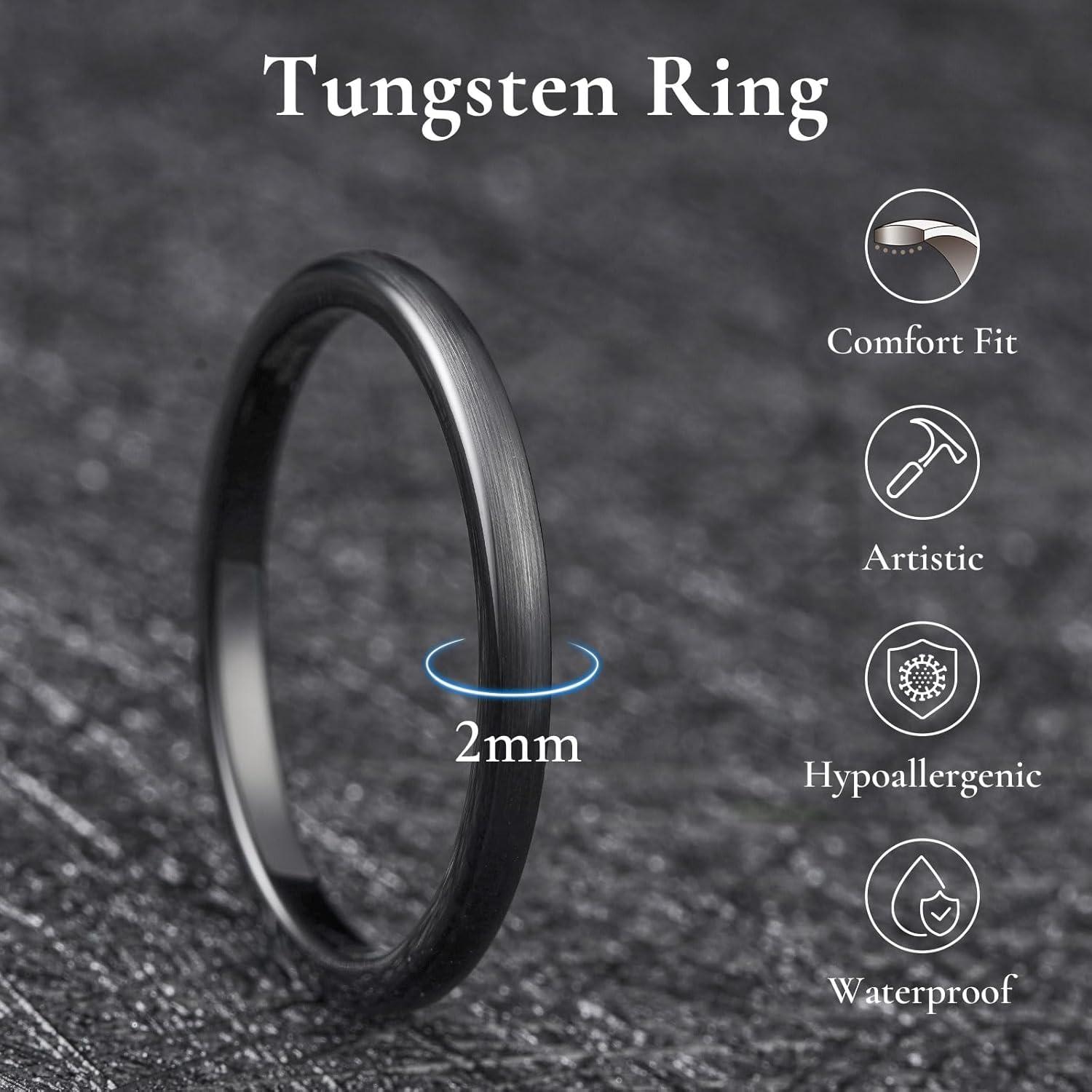 imageKing Will Wedding Band for Men Women 24678mm Domed Matte Brushed Tungsten Carbide Rings SolidDual Color Engagement Rings Comfort FitBlack2mm