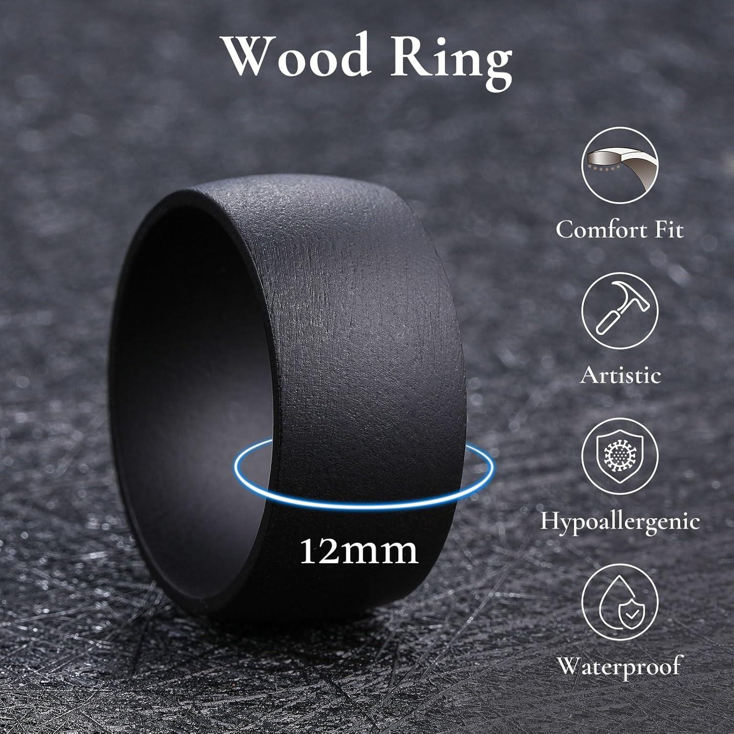 imageKing Will Wooden Wedding Band for Men Women 412mm Width in BlackBrown Wood Wedding Ring Domed Style Comfort Fit and Promise Ring Size 813Black Walnut12mm