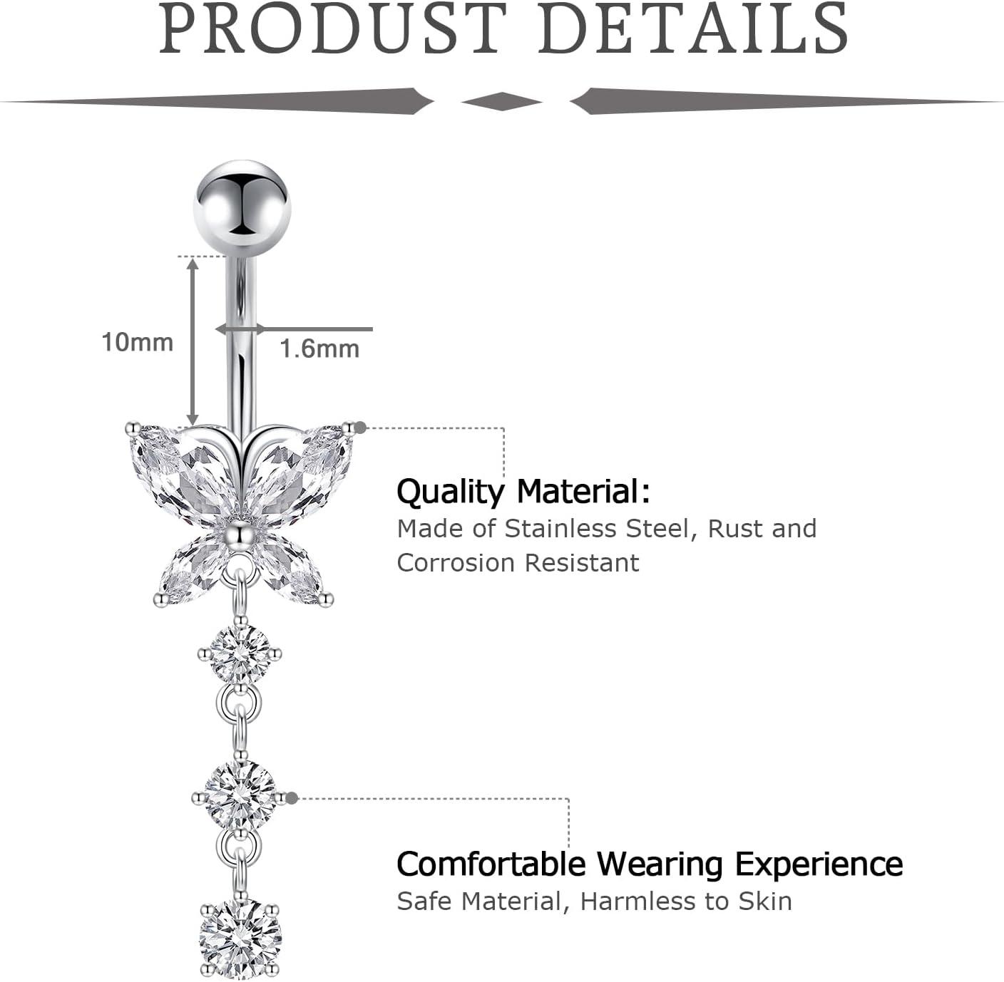 imageMayhoop 14G Belly Button Rings 316L Surgical Stainless Steel Dangle Clicker Belly Ring Dangling Piercing Jewelry With Heart Flower Butterfly Silver Gold Tone For Women3pcssilver