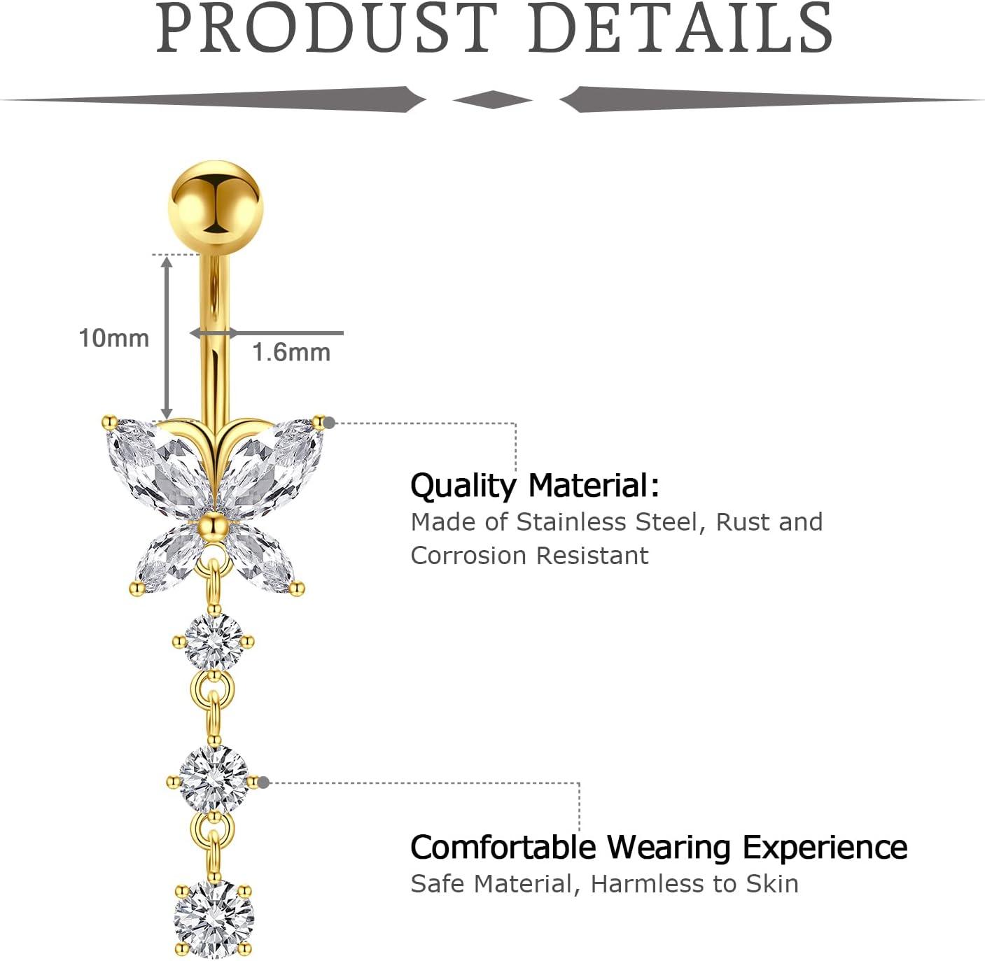 imageMayhoop 14G Belly Button Rings 316L Surgical Stainless Steel Dangle Clicker Belly Ring Dangling Piercing Jewelry With Heart Flower Butterfly Silver Gold Tone For Women3pcsgold