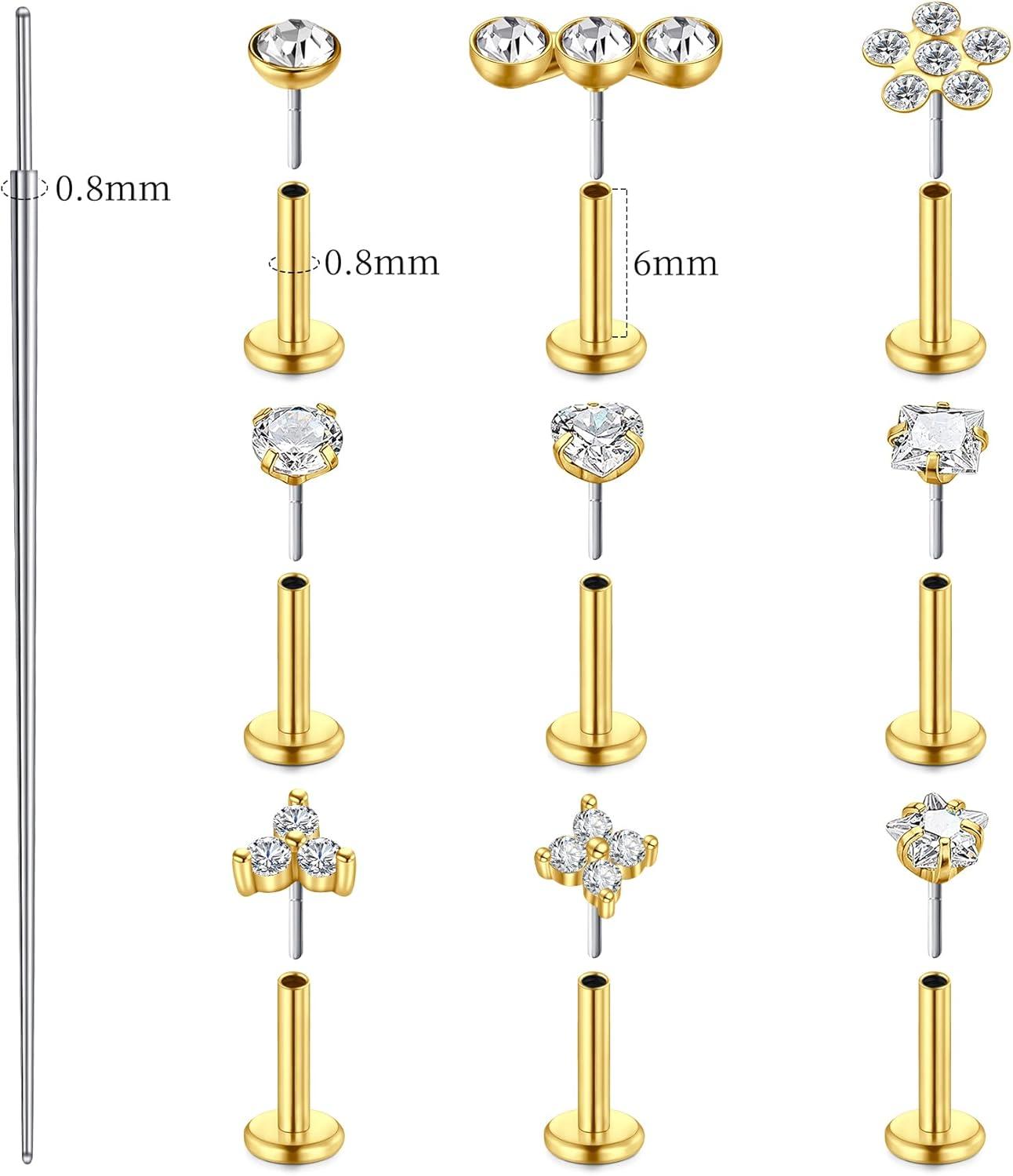 imageMayhoop 14K Gold Push in Stud Earrings 316L Surgical Steel Threadless Stud MultiPack Flat Back Nose Rings Conch Cartilage Tragus Lip Labret Helix Piercing Jewelry Hypoallergenic for Women Men 18G20G14K Gold 20G 6mm