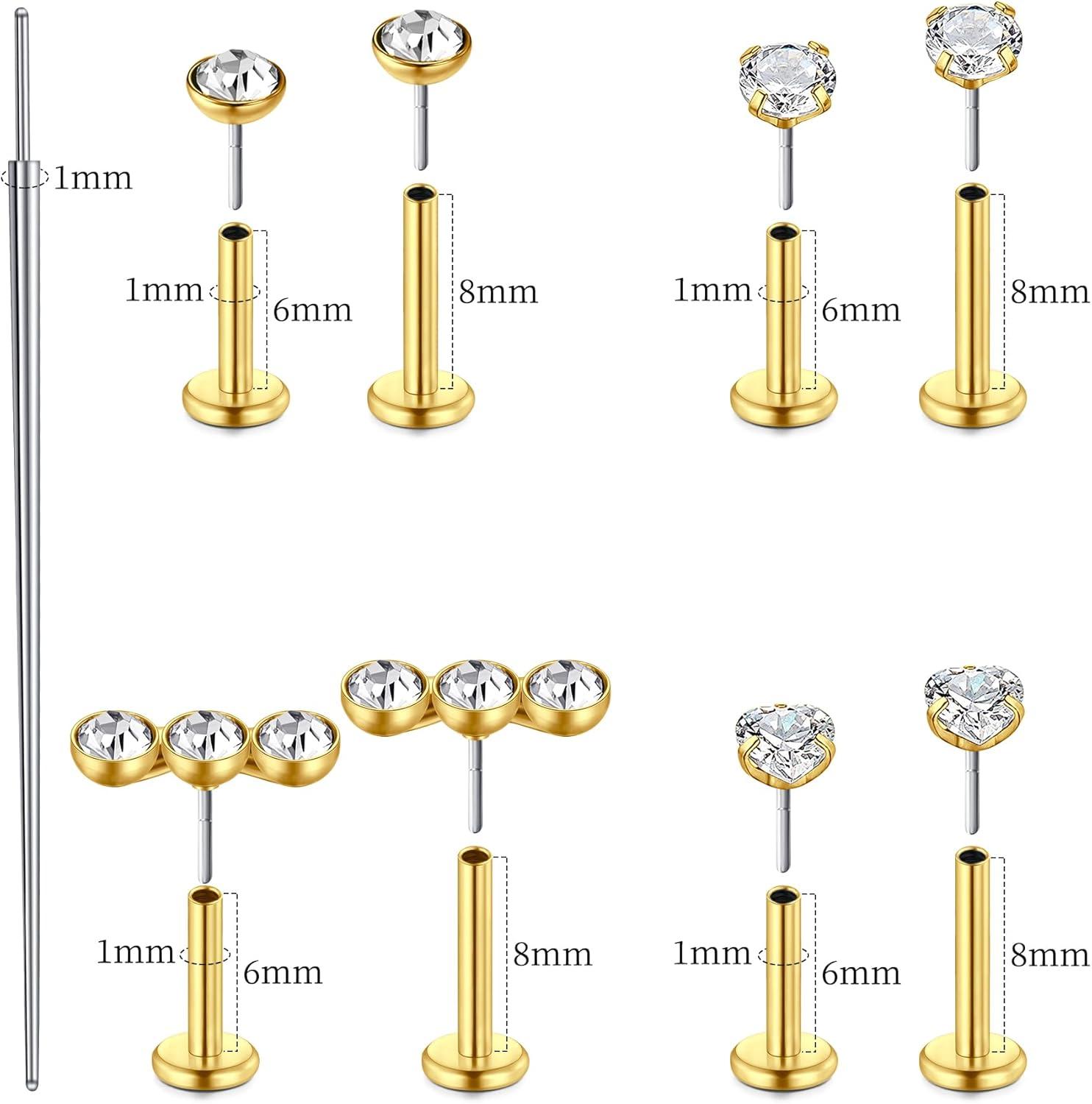 imageMayhoop 14K Gold Threadless Nose Stud Earrings 316L Surgical Steel Push in Flat Back Nose Rings Conch Cartilage Tragus Lip Labret Helix Piercing Jewelry Hypoallergenic for Women Men 18G20G14K Gold 18G