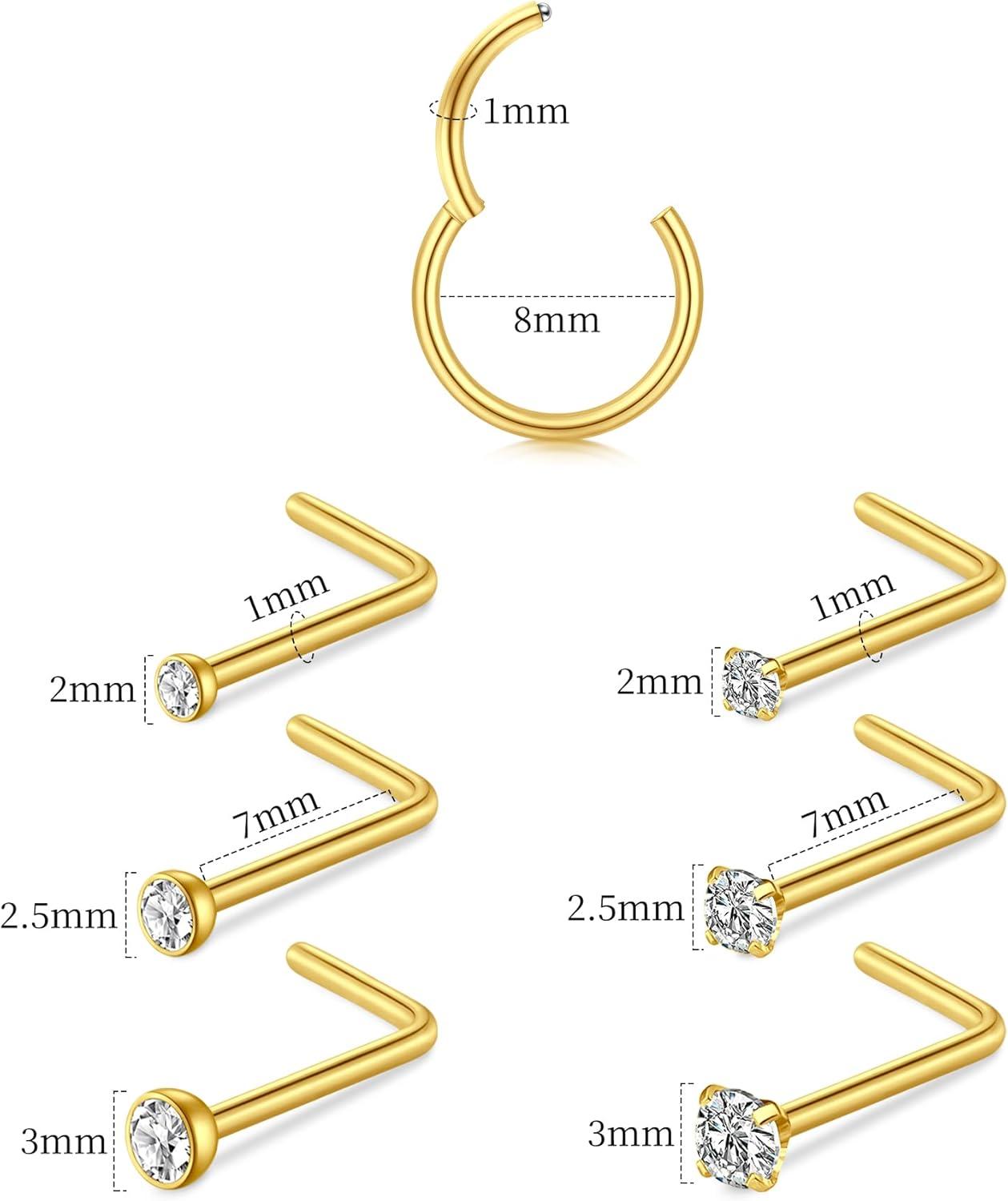 imageMayhoop Nose Rings Hoops and Nose Rings Studs Sets for Women MenHypoallergenic 316L Surgical Steel Hinged Clicker Segment Helix Cartilage Daith Tragus Earrings Silver Gold L Shape Nose Studs Real Body Piercing Jewelry 18G 20GSilverGold 18G