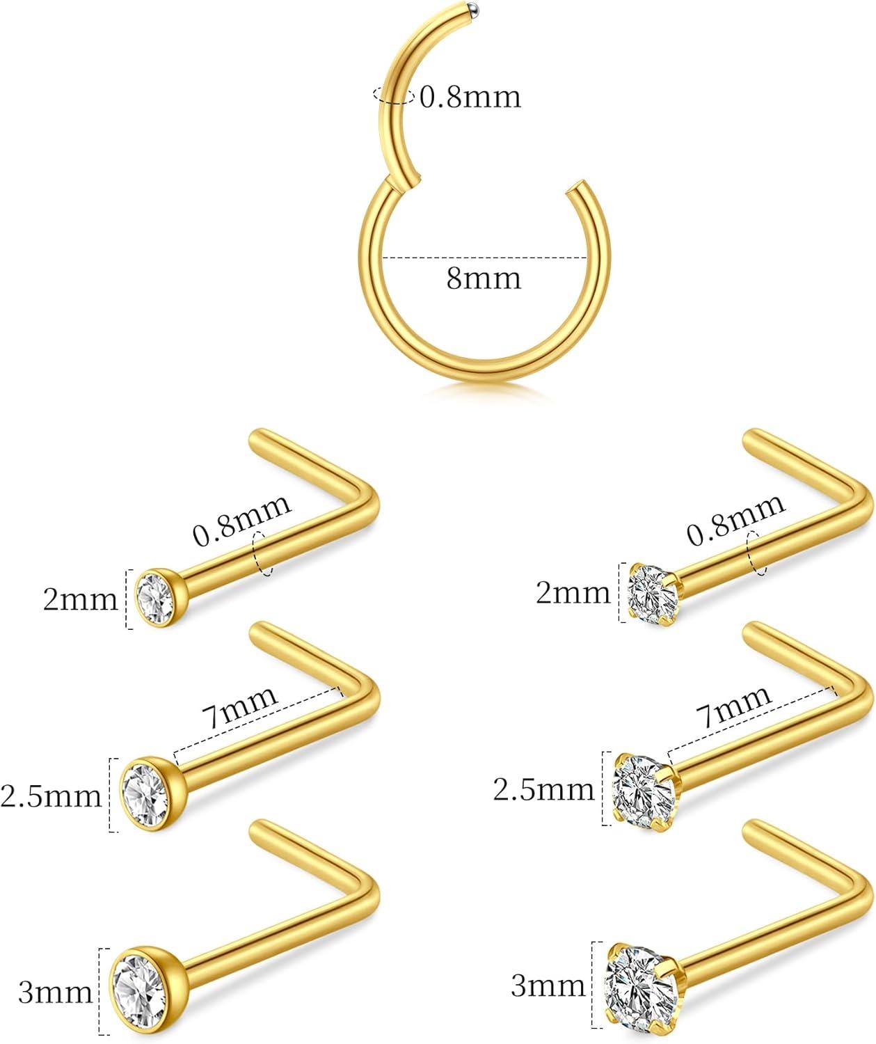 imageMayhoop Nose Rings Hoops and Nose Rings Studs Sets for Women MenHypoallergenic 316L Surgical Steel Hinged Clicker Segment Helix Cartilage Daith Tragus Earrings Silver Gold L Shape Nose Studs Real Body Piercing Jewelry 18G 20GSilverGold 20G