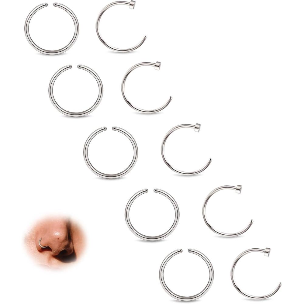 imageBodyBonita 10Pcs Nose Rings Hoops 316L 22G 20G 18G Septum Rings Bendable Cartilage Earrings for Women Conch Piercing Jewelry Helix Rook Tragus Daith Snug Belly Button Ring 8 mm 10 mmSilver