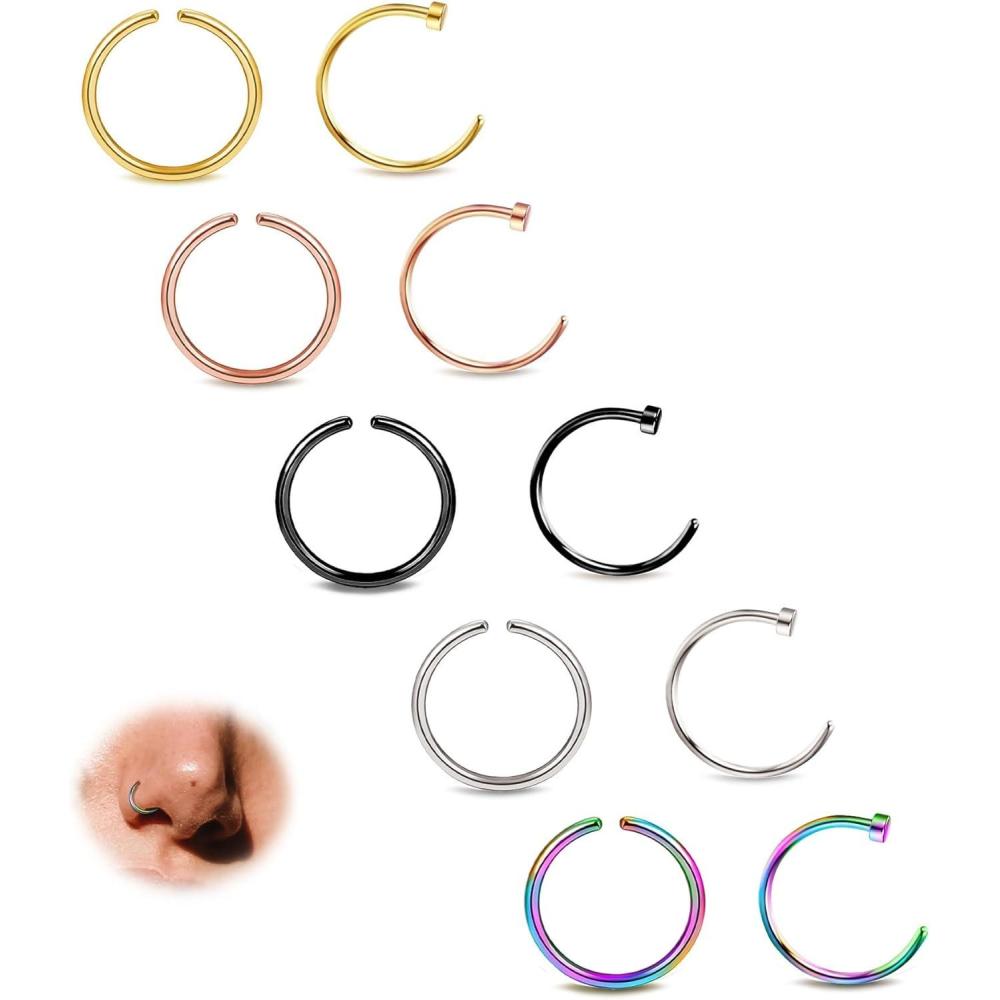 imageBodyBonita 10Pcs Nose Rings Hoops 316L 22G 20G 18G Septum Rings Bendable Cartilage Earrings for Women Conch Piercing Jewelry Helix Rook Tragus Daith Snug Belly Button Ring 8 mm 10 mmMixed Color