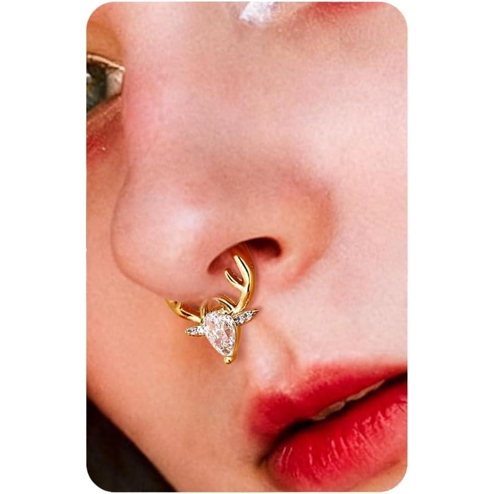 imageBodyBonita 16G Christmas Septum Rings Jewelry 316 Surgical Steel Deer CZ Nose Rings Hoops Clicker for Women Daith Piercing Jewelry Conch Tragus Helix Cartilage Earring 14K Gold PlatedSilver 10 mmClear CZ Gold 16G12mm10mm