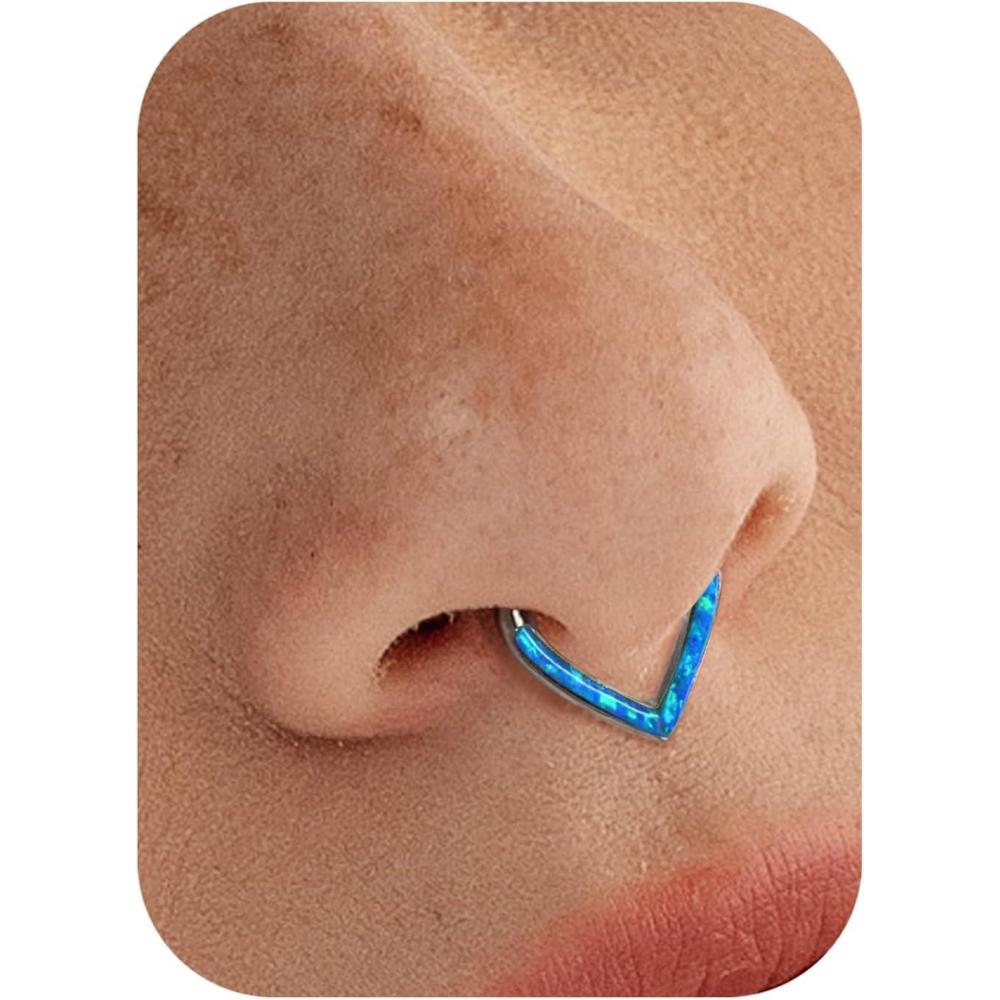 imageBodyBonita 16G Opal Teardrop Septum Rings G23 Titanium Hinged Nose Rings Hoops Septum Clicker Jewelry Conch Daith Helix Piercing Cartilage Earring for Women Men PinkBlueWhite Opal 8mm 10mmBlue Opal 16g Silver