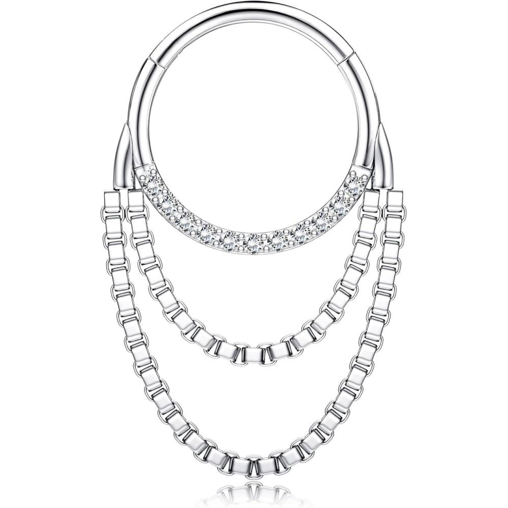 imageBodyBonita 16G Septum Rings Clicker 316L Stainless Steel Septum Nose Rings for Women Daith Earrings for Women Septum Jewelry Conch Daith Piercing Jewelry 14k Gold PlatedSilver 8mm 10mmRadiant Clicker with Duo ChainGoldSilver