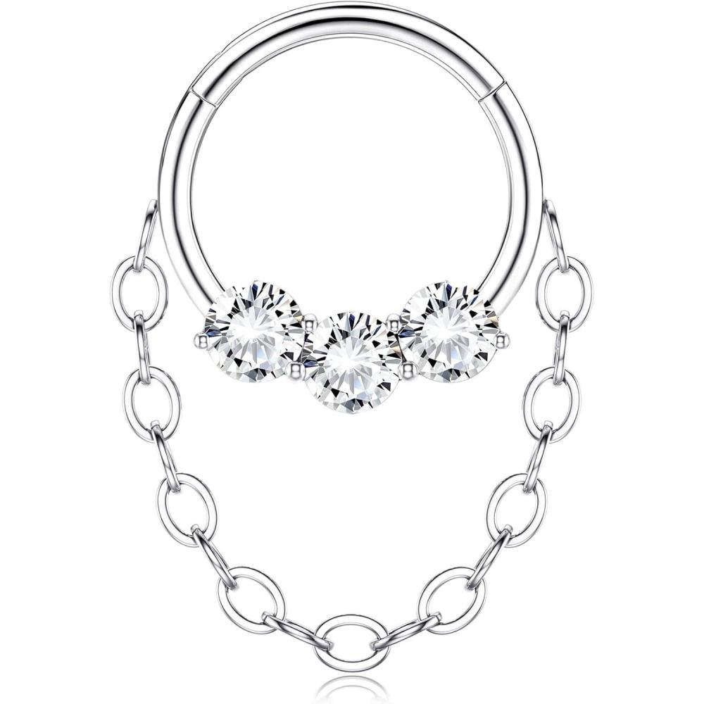 imageBodyBonita 16G Septum Rings Clicker 316L Stainless Steel Septum Nose Rings for Women Daith Earrings for Women Septum Jewelry Conch Daith Piercing Jewelry 14k Gold PlatedSilver 8mm 10mmRadiant Clicker with ChainSilver