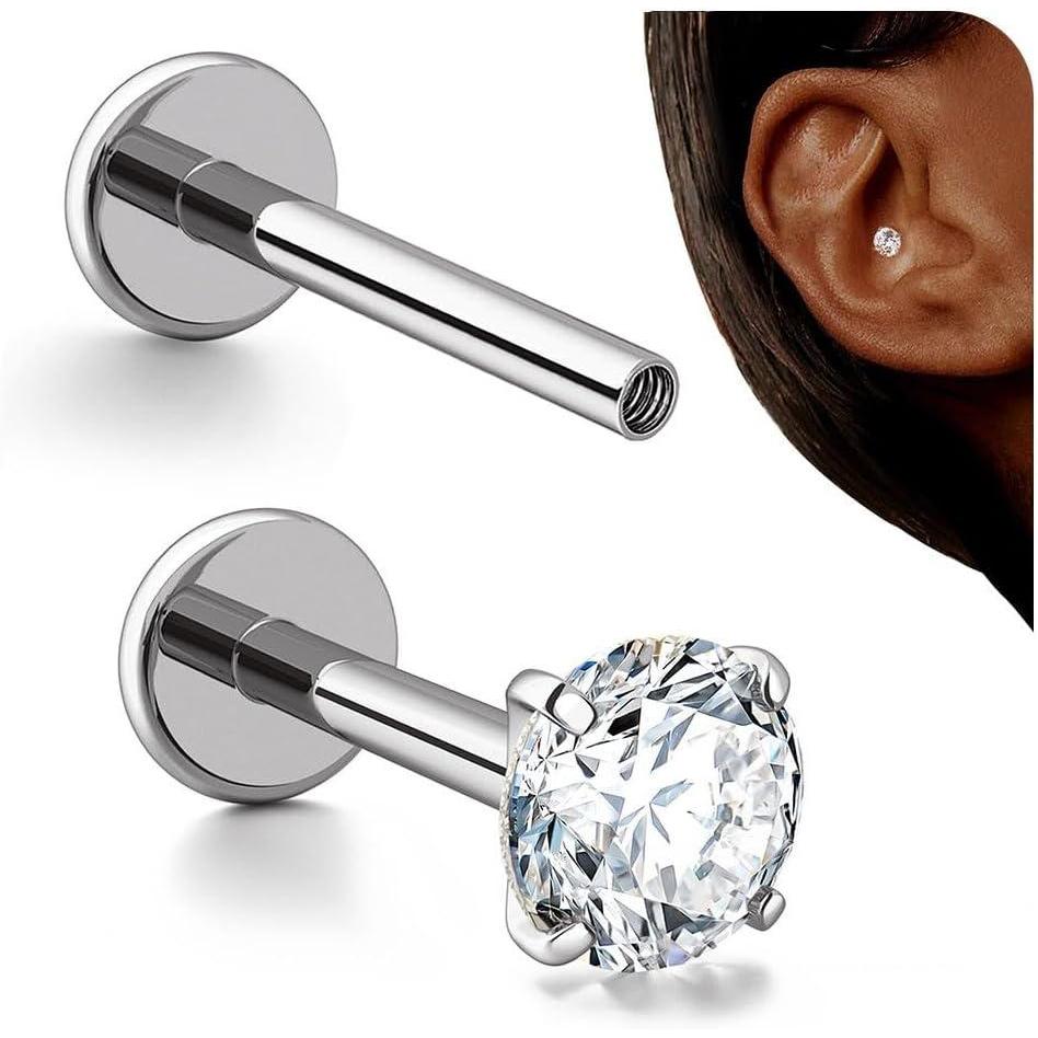 imageBodyBonita 16G Stud Earrings Flat Back  G23 Titanium Internal Thread Cartilage Earrings for Women Hypoallergenic CZ Stud Piercing Jewelry TragusNoseHelixConchMedusaLipLabret 6mm 8mmClear CZTitanium