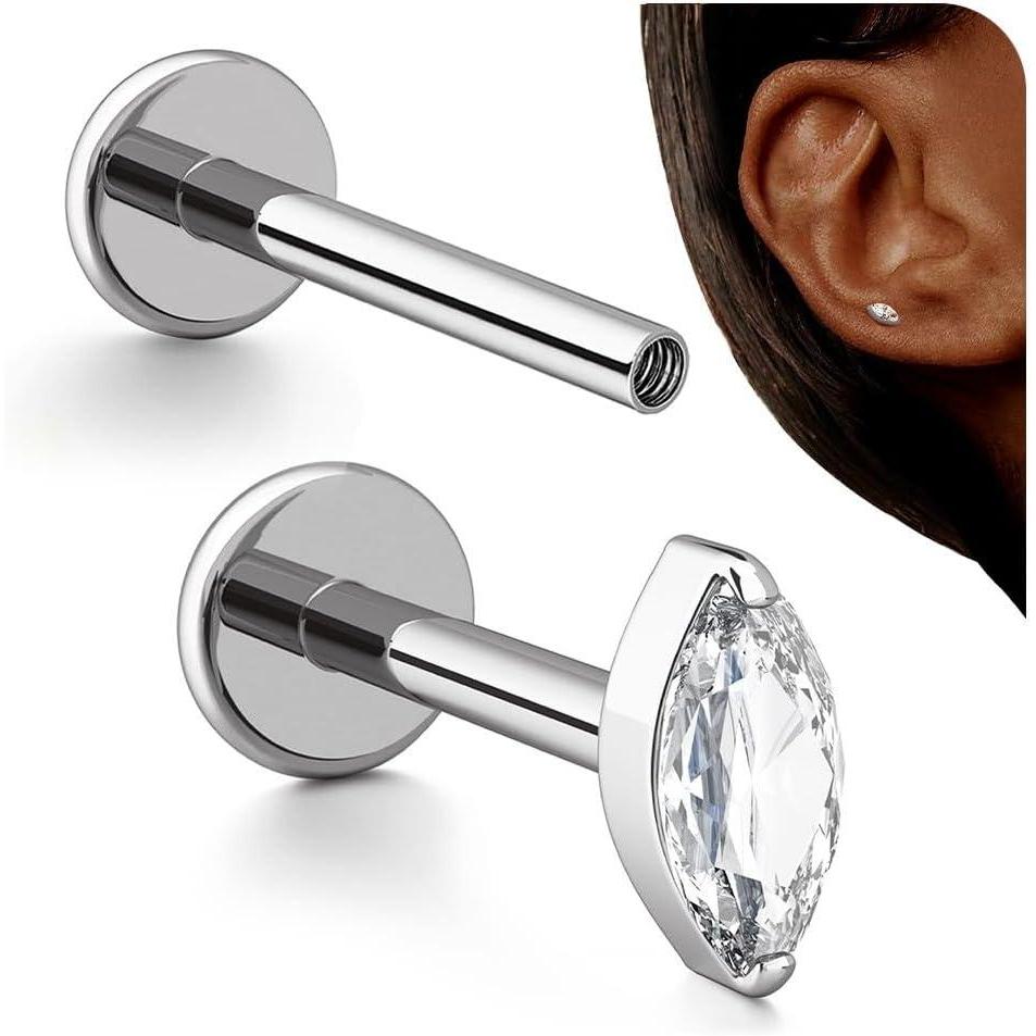 imageBodyBonita 16G Stud Earrings Flat Back  G23 Titanium Internal Thread Cartilage Earrings for Women Hypoallergenic CZ Stud Piercing Jewelry TragusNoseHelixConchMedusaLipLabret 6mm 8mmSolsticeTitanium