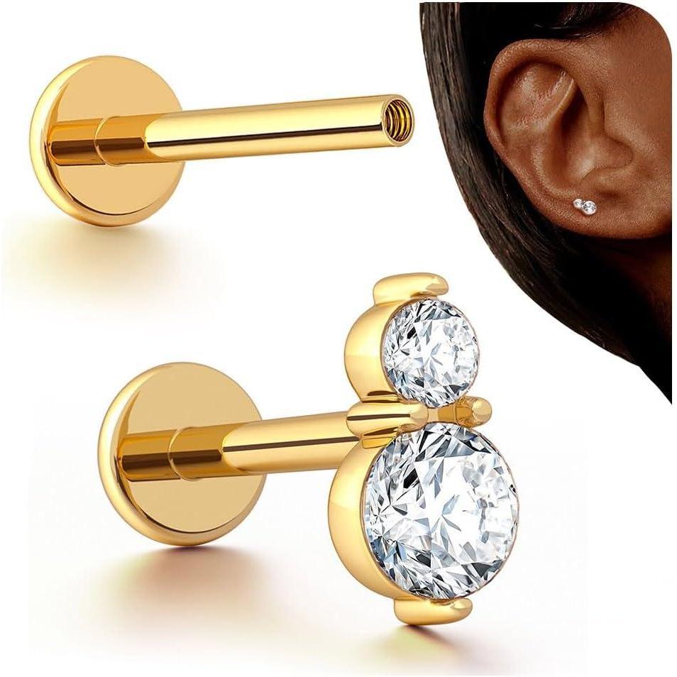 imageBodyBonita 16G Stud Earrings Flat Back  G23 Titanium Internal Thread Cartilage Earrings for Women Hypoallergenic CZ Stud Piercing Jewelry TragusNoseHelixConchMedusaLipLabret 6mm 8mmDeux14K Gold