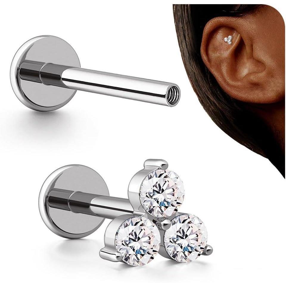 imageBodyBonita 16G Stud Earrings Flat Back  G23 Titanium Internal Thread Cartilage Earrings for Women Hypoallergenic CZ Stud Piercing Jewelry TragusNoseHelixConchMedusaLipLabret 6mm 8mmTristarTitanium