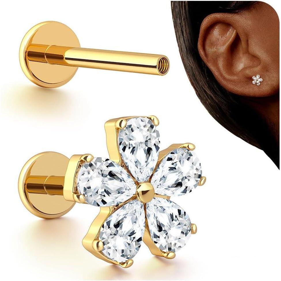 imageBodyBonita 16G Stud Earrings Flat Back  G23 Titanium Internal Thread Cartilage Earrings for Women Hypoallergenic CZ Stud Piercing Jewelry TragusNoseHelixConchMedusaLipLabret 6mm 8mmPetal Bloom14K Gold