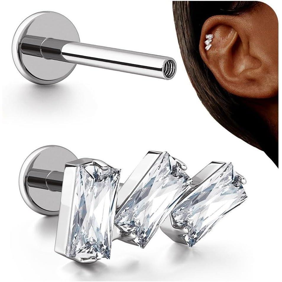 imageBodyBonita 16G Stud Earrings Flat Back  G23 Titanium Internal Thread Cartilage Earrings for Women Hypoallergenic CZ Stud Piercing Jewelry TragusNoseHelixConchMedusaLipLabret 6mm 8mmTrinity SparkleTitanium