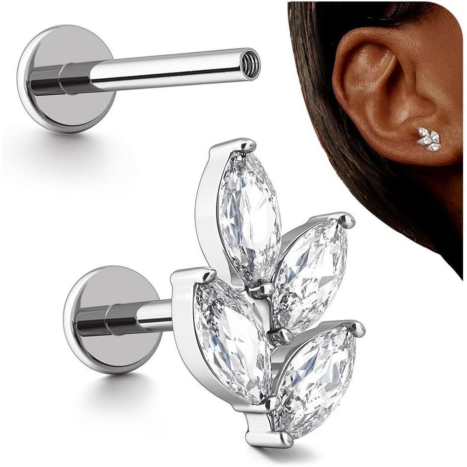 imageBodyBonita 16G Stud Earrings Flat Back  G23 Titanium Internal Thread Cartilage Earrings for Women Hypoallergenic CZ Stud Piercing Jewelry TragusNoseHelixConchMedusaLipLabret 6mm 8mmRadiant VineTitanium