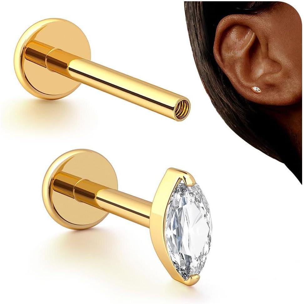 imageBodyBonita 16G Stud Earrings Flat Back  G23 Titanium Internal Thread Cartilage Earrings for Women Hypoallergenic CZ Stud Piercing Jewelry TragusNoseHelixConchMedusaLipLabret 6mm 8mmSolstice14K Gold