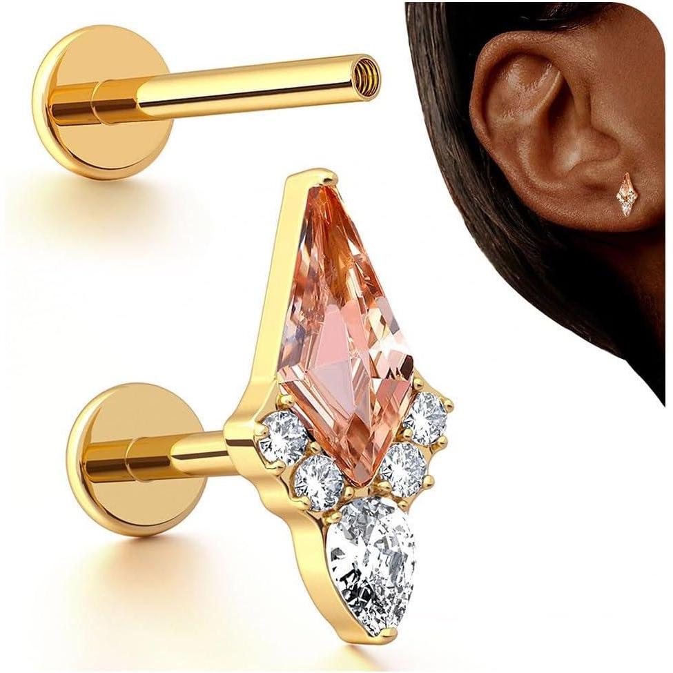 imageBodyBonita 16G Stud Earrings Flat Back  G23 Titanium Internal Thread Cartilage Earrings for Women Hypoallergenic CZ Stud Piercing Jewelry TragusNoseHelixConchMedusaLipLabret 6mm 8mmMajesty14K Gold