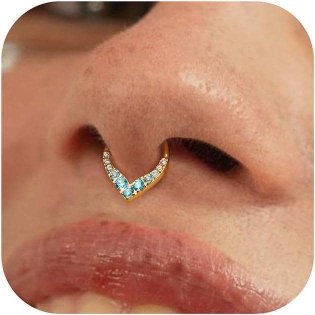 imageBodyBonita 16G Teardrop Septum Rings 316L Surgical Steel Hinged Nose Rings Septum Piercings Jewelry CZ Nose Hoop Daith Tragus Helix Rook Cartilage Piercing Jewelry for Women Men Gold Plated 8mm 10mmGold Blue CZ5A