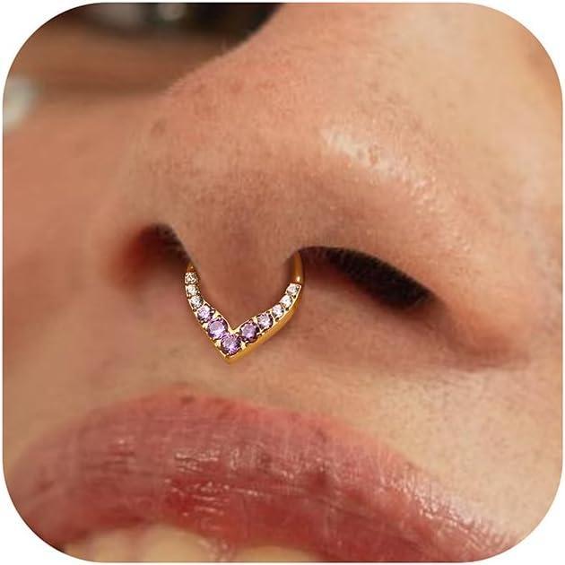 imageBodyBonita 16G Teardrop Septum Rings 316L Surgical Steel Hinged Nose Rings Septum Piercings Jewelry CZ Nose Hoop Daith Tragus Helix Rook Cartilage Piercing Jewelry for Women Men Gold Plated 8mm 10mmGold Purple CZ5A