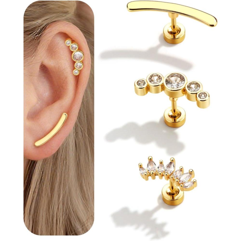imageBodyBonita 3Pcs 16G Cartilage Earrings for Women 316L Surgical Steel Flat Back Earrings Piercings Opal CZ Stud Earrings Set Lobe Conch Helix Daith Tragus Jewelry Gold PlatedSilverGold Ball CZ