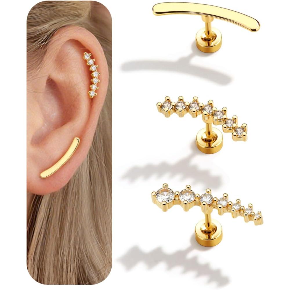 imageBodyBonita 3Pcs 16G Cartilage Earrings for Women 316L Surgical Steel Flat Back Earrings Piercings Opal CZ Stud Earrings Set Lobe Conch Helix Daith Tragus Jewelry Gold PlatedSilverGold CZ