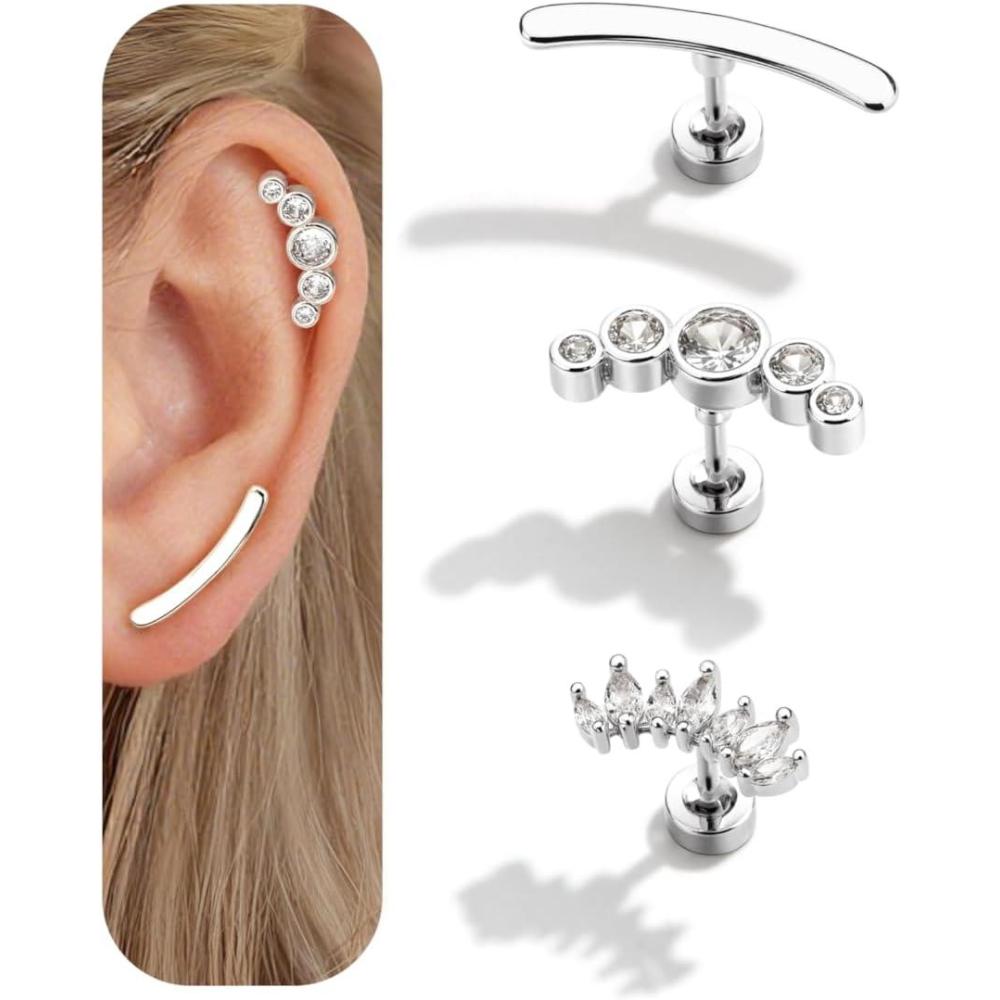 imageBodyBonita 3Pcs 16G Cartilage Earrings for Women 316L Surgical Steel Flat Back Earrings Piercings Opal CZ Stud Earrings Set Lobe Conch Helix Daith Tragus Jewelry Gold PlatedSilverSilver  Ball CZ