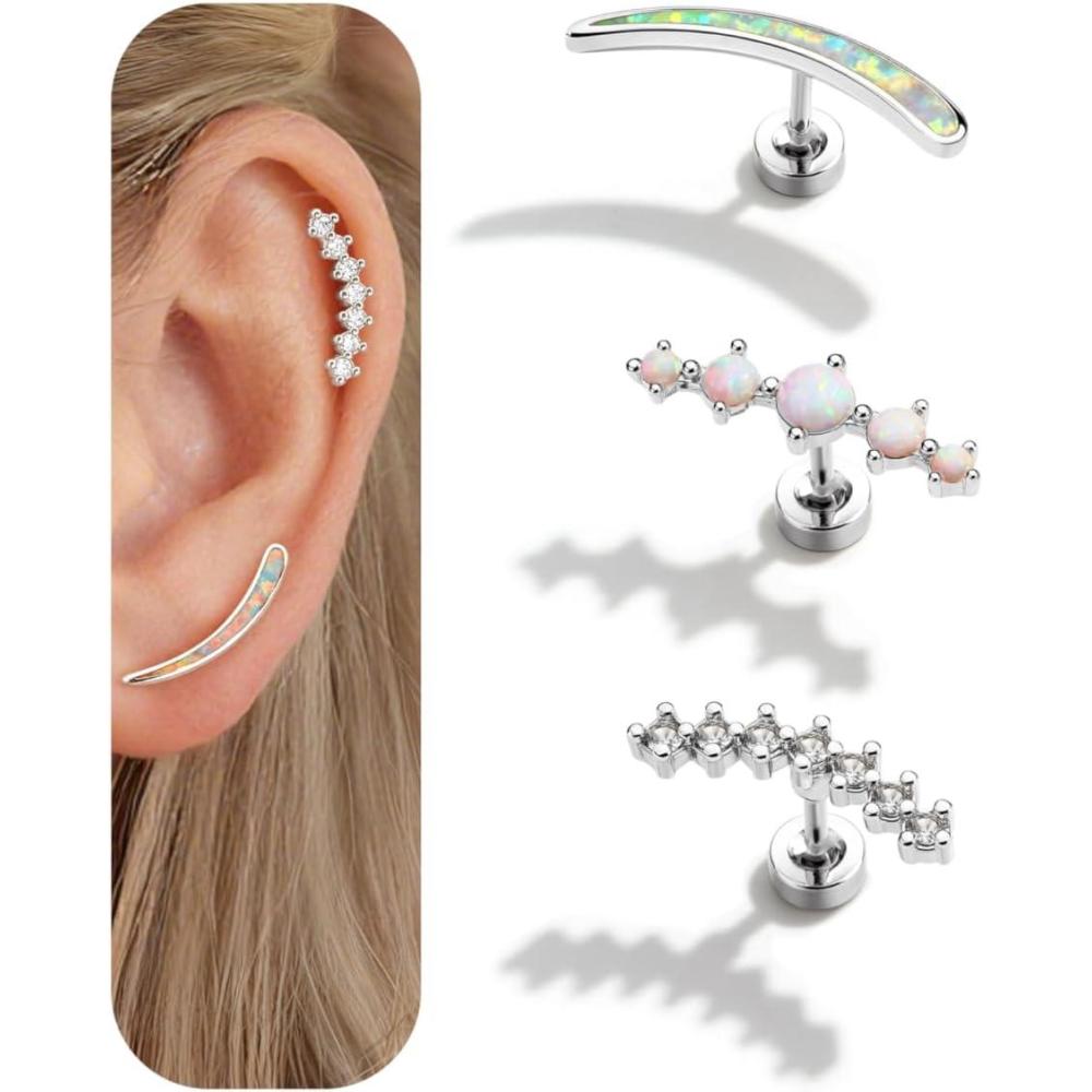 imageBodyBonita 3Pcs 16G Cartilage Earrings for Women 316L Surgical Steel Flat Back Earrings Piercings Opal CZ Stud Earrings Set Lobe Conch Helix Daith Tragus Jewelry Gold PlatedSilverSilver  OpalCZ