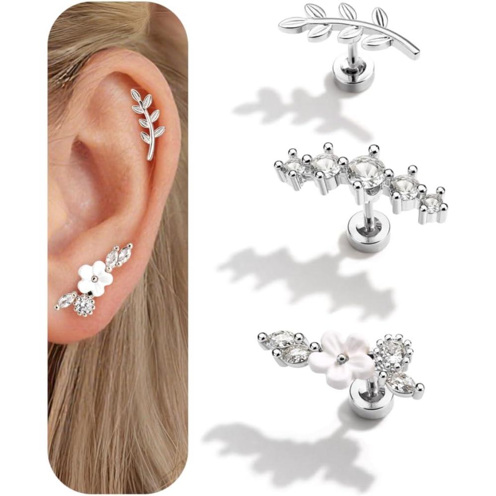 imageBodyBonita 3Pcs 16G Flat Back Earrings Piercings 316L Surgical Steel Cartilage Earrings for Women CZ Stud Earrings Set Lobe Conch Helix Daith Tragus Jewelry Silver Flower