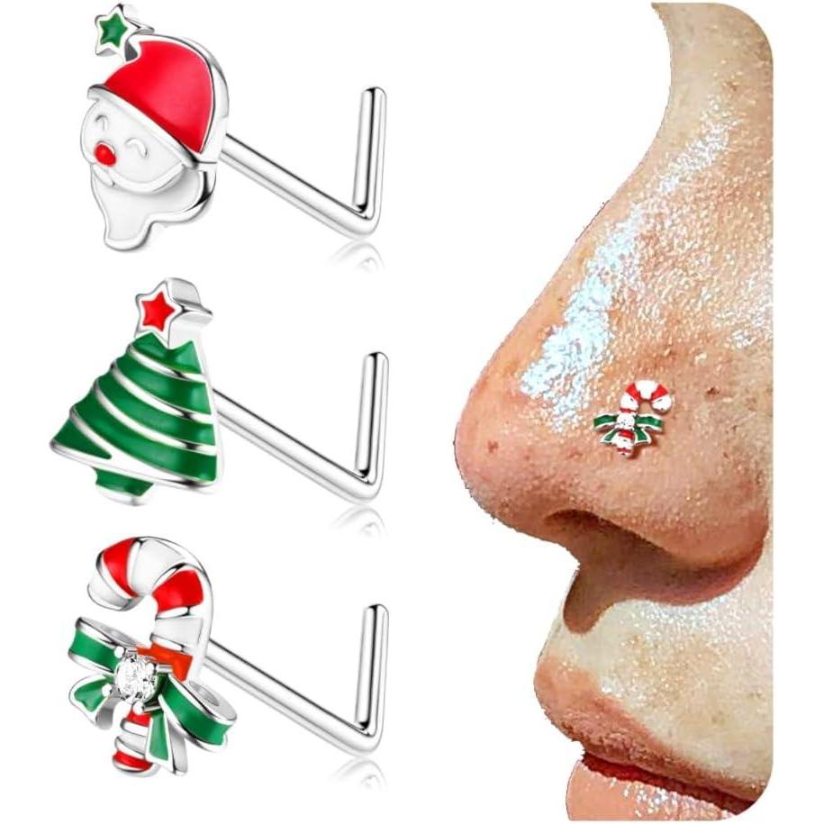 imageBodyBonita 3pcs 20G Nose Studs 316 Stainless Steel Christmas Nose Rings Studs LShaped Nose Piercings Bone Nose Stud CZ Nostril Daith Tragus Piercing Jewelry for Women MenStyle320GSilver