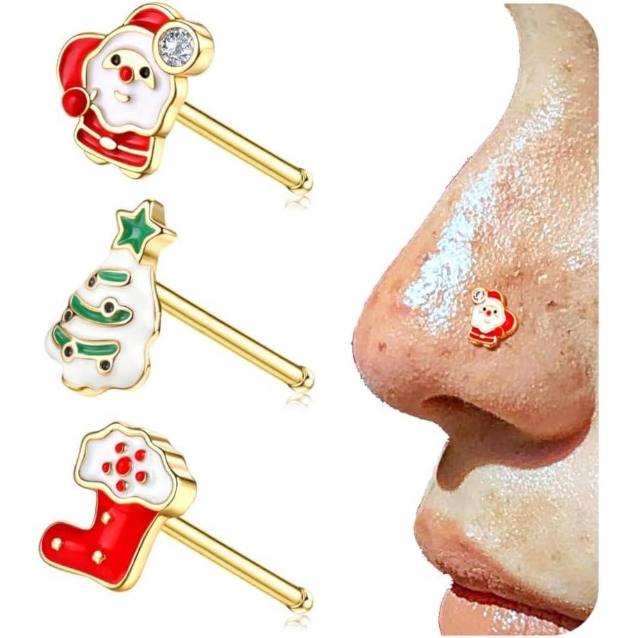 imageBodyBonita 3pcs 20G Nose Studs 316 Stainless Steel Christmas Nose Rings Studs LShaped Nose Piercings Bone Nose Stud CZ Nostril Daith Tragus Piercing Jewelry for Women MenStyle120GGold