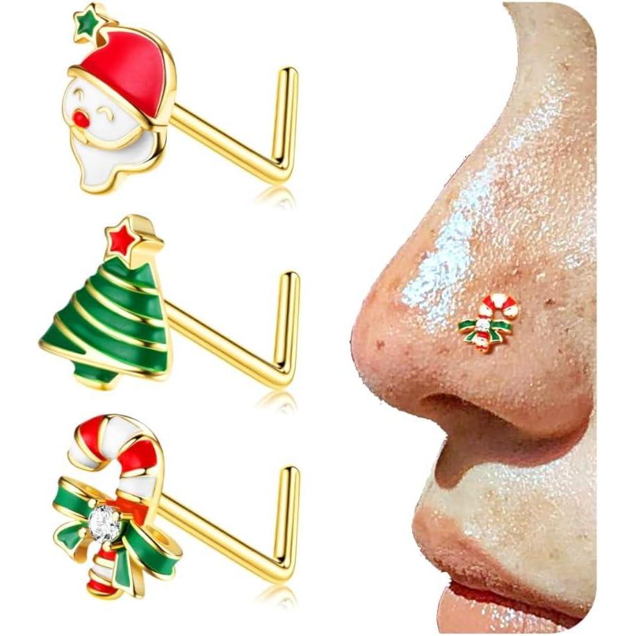 imageBodyBonita 3pcs 20G Nose Studs 316 Stainless Steel Christmas Nose Rings Studs LShaped Nose Piercings Bone Nose Stud CZ Nostril Daith Tragus Piercing Jewelry for Women MenStyle320GGold