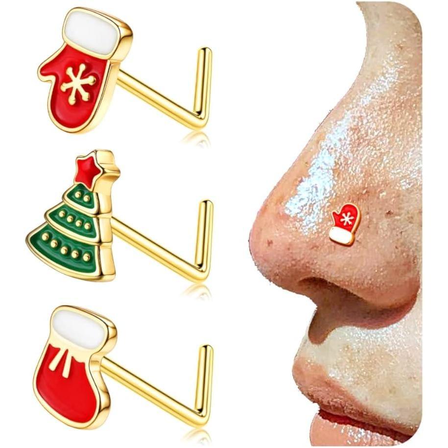 imageBodyBonita 3pcs 20G Nose Studs 316 Stainless Steel Christmas Nose Rings Studs LShaped Nose Piercings Bone Nose Stud CZ Nostril Daith Tragus Piercing Jewelry for Women MenStyle520GGold
