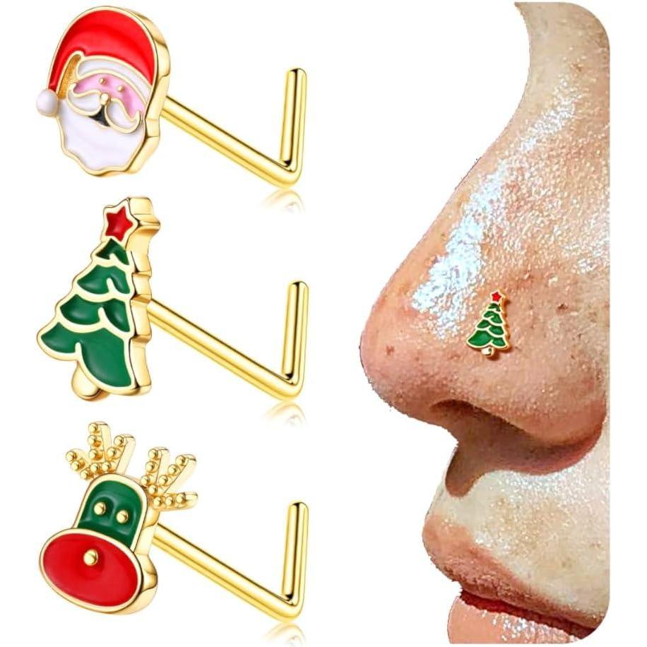 imageBodyBonita 3pcs 20G Nose Studs 316 Stainless Steel Christmas Nose Rings Studs LShaped Nose Piercings Bone Nose Stud CZ Nostril Daith Tragus Piercing Jewelry for Women MenStyle420GGold