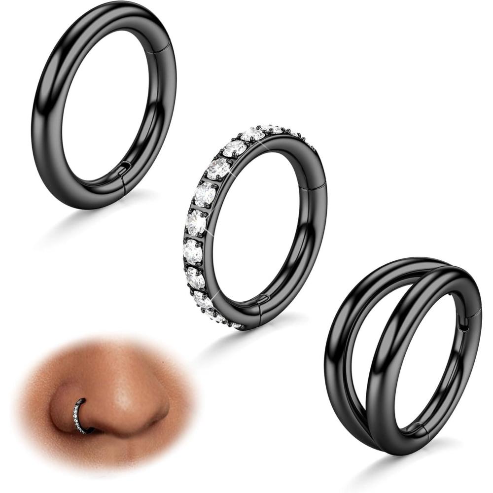 imageBodyBonita 3pcs Nose Rings Hoops  Double Hoop Nose Ring 14161820G Hinged CZ Piercing Jewelry Septum Clicker Rings Cartilage Earring Helix Rook Tragus Daith 7mm8mm9mm10mmBlack Plated