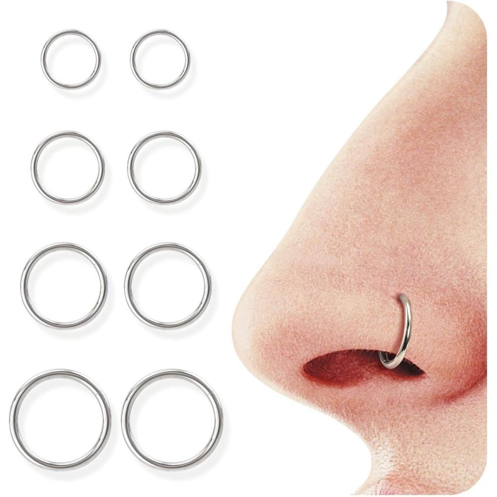 imageBodyBonita 458 pcs 16G18G20G 316L Surgical Steel Hinged Nose Rings Hoops Lip Septum Rings Helix Conch Rook Cartilage Tragus Earrings Piercing Jewelry Black Silver Gold Plated Nose Rings Women MenSilver 18G 6mm12mm 8PCs