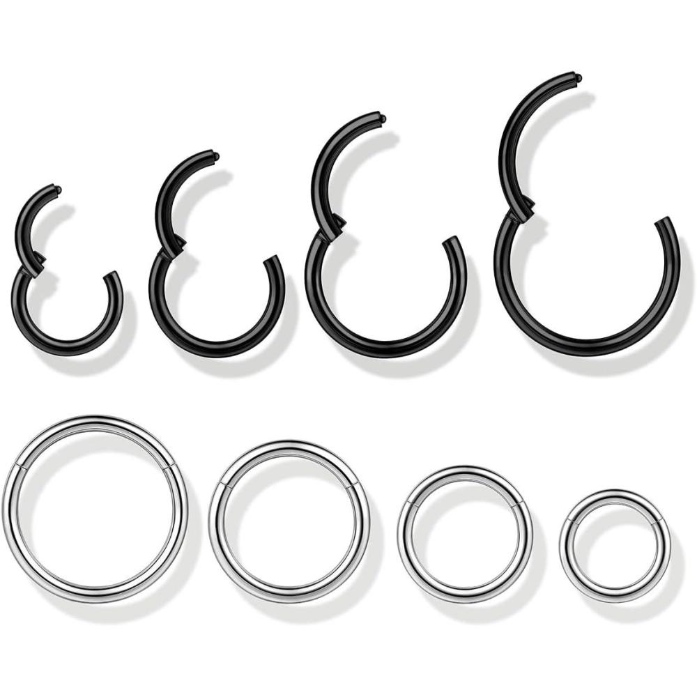 imageBodyBonita 458 pcs 16G18G20G 316L Surgical Steel Hinged Nose Rings Hoops Lip Septum Rings Helix Conch Rook Cartilage Tragus Earrings Piercing Jewelry Black Silver Gold Plated Nose Rings Women MenBlack and Silver 16G 6mm12mm 8PCs