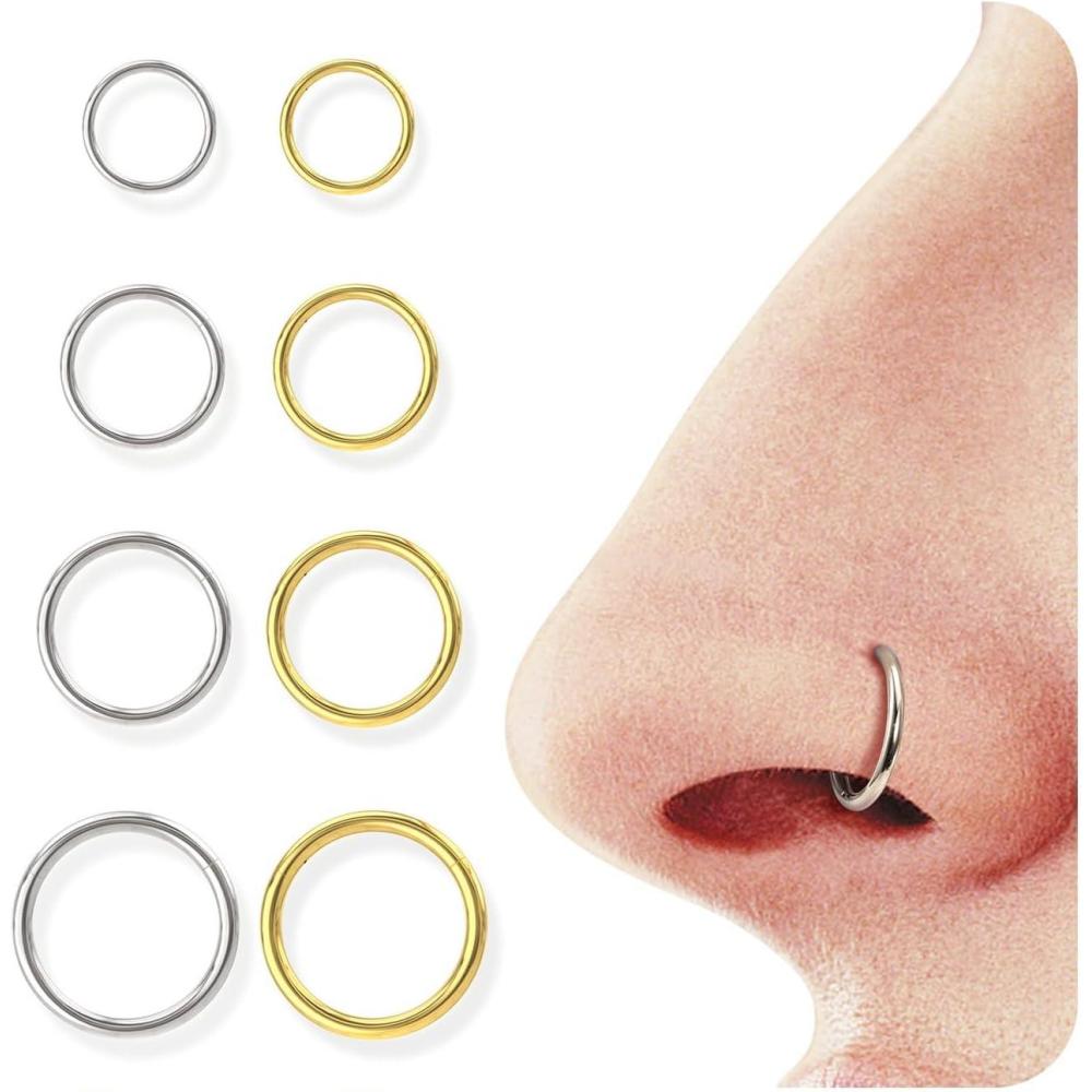 imageBodyBonita 458 pcs 16G18G20G 316L Surgical Steel Hinged Nose Rings Hoops Lip Septum Rings Helix Conch Rook Cartilage Tragus Earrings Piercing Jewelry Black Silver Gold Plated Nose Rings Women MenGold and Silver 16G 6mm12mm 8PCs