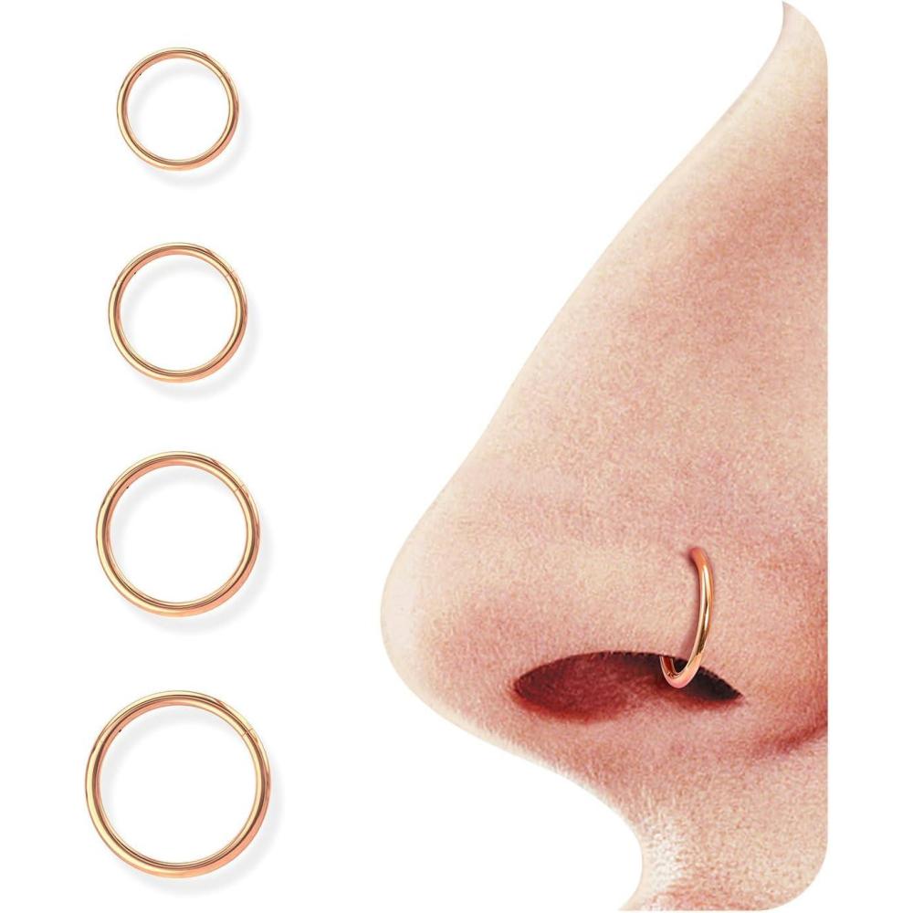 imageBodyBonita 458 pcs 16G18G20G 316L Surgical Steel Hinged Nose Rings Hoops Lip Septum Rings Helix Conch Rook Cartilage Tragus Earrings Piercing Jewelry Black Silver Gold Plated Nose Rings Women MenRose gold20G7mm10mm4PCs