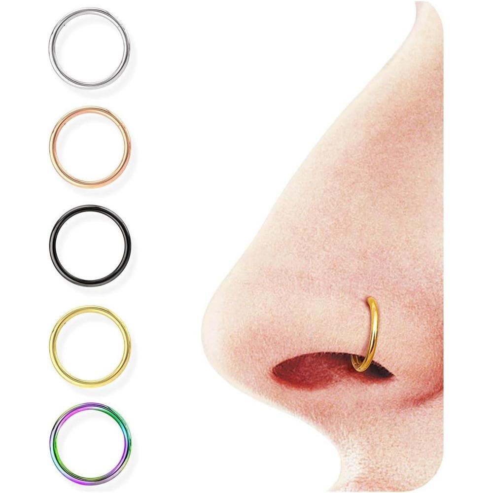 imageBodyBonita 458 pcs 16G18G20G 316L Surgical Steel Hinged Nose Rings Hoops Lip Septum Rings Helix Conch Rook Cartilage Tragus Earrings Piercing Jewelry Black Silver Gold Plated Nose Rings Women MenMixed 16G 8mm 5PCs