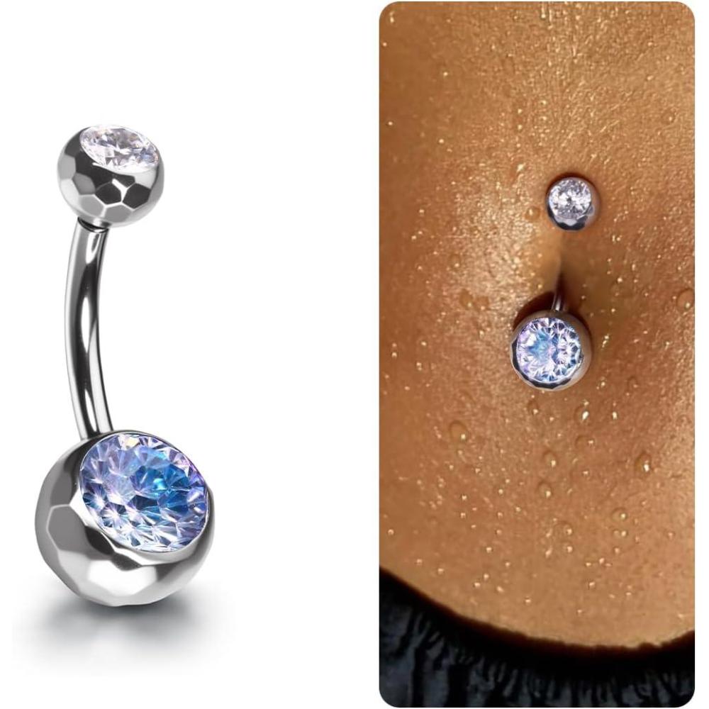 imageBodyBonita ColorShifting Zircon Belly Button Ring 14G G23 Titanium Internally Threaded Belly Button Piercing Curved Barbell Belly Rings Navel Rings for Women with 10121416mm Bar SilverGradient BluePurple CZ