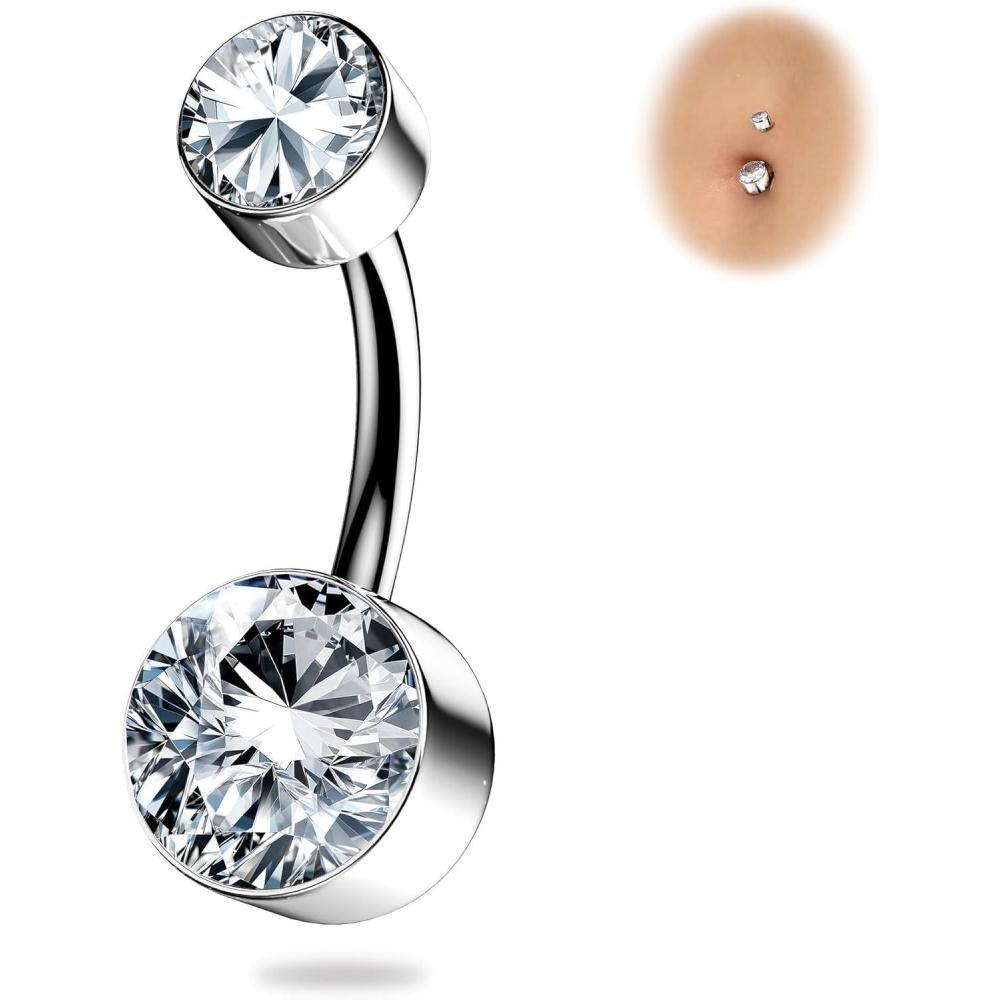 imageBodyBonita G23 Titanium Belly Button Rings 14G Internally Threaded 14mm Belly Ring Round Square Star Teardrop CZ Navel Rings for WomenRoundB