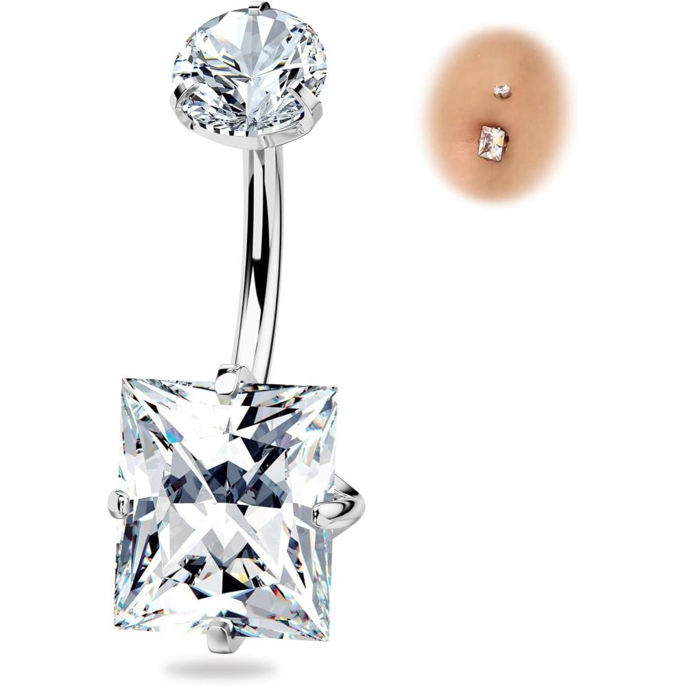 imageBodyBonita G23 Titanium Belly Button Rings  14G Internally Threaded 14mm Belly Ring Round Square Star Teardrop CZ Navel Rings for WomenSquare