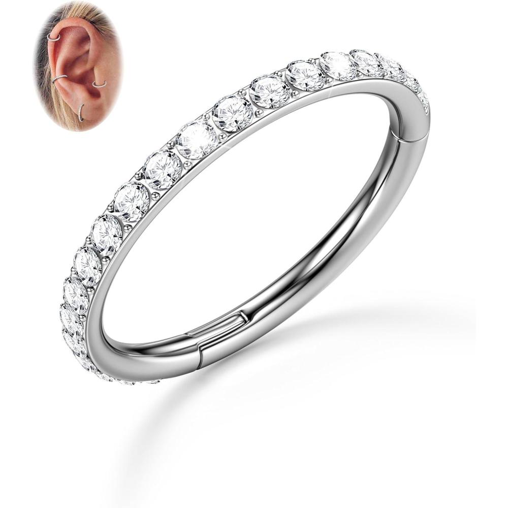 imageBodyBonita G23 Titanium CZ Nose Rings Hoops 20G18G16G14G Septum Rings Nose Hoop Clicker Cartilage Earring for Women Helix Rook Tragus Conch Piercing Jewelry Daith Ring Silver14k Gold PlatedSilver Clear CZ5A