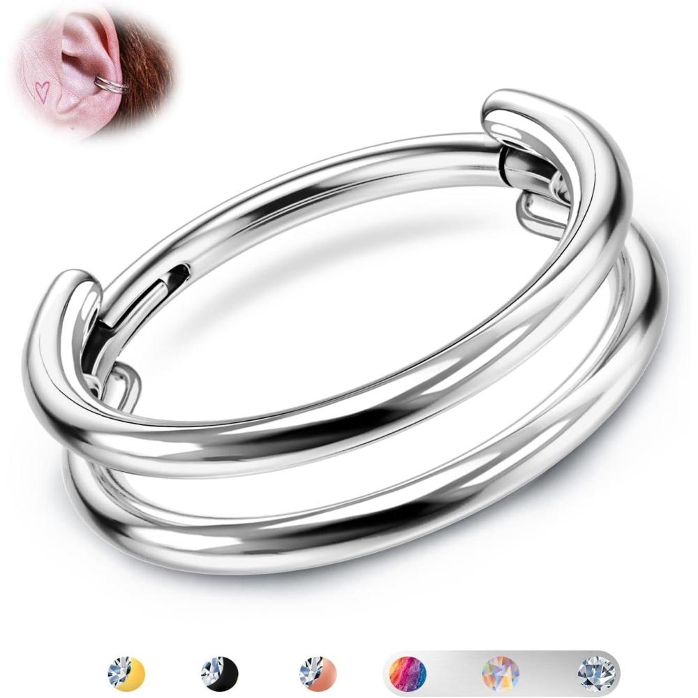 imageBodyBonita G23 Titanium Cartilage Earring Hoop Stacked Clicker 16G CZ DoubleTriple Septum Rings Conch Piercing Jewelry Tragus Daith Helix Nose Rings Hoops for Women SilverGold Plated 8mm 10mm 12mmDouble Layers 16G Silver