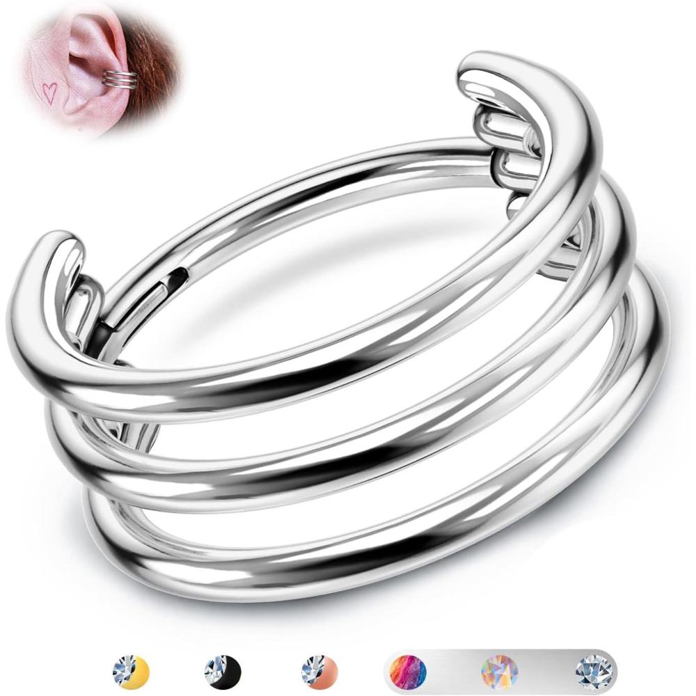 imageBodyBonita G23 Titanium Cartilage Earring Hoop Stacked Clicker 16G CZ DoubleTriple Septum Rings Conch Piercing Jewelry Tragus Daith Helix Nose Rings Hoops for Women SilverGold Plated 8mm 10mm 12mmTriple Layers 16G Silver